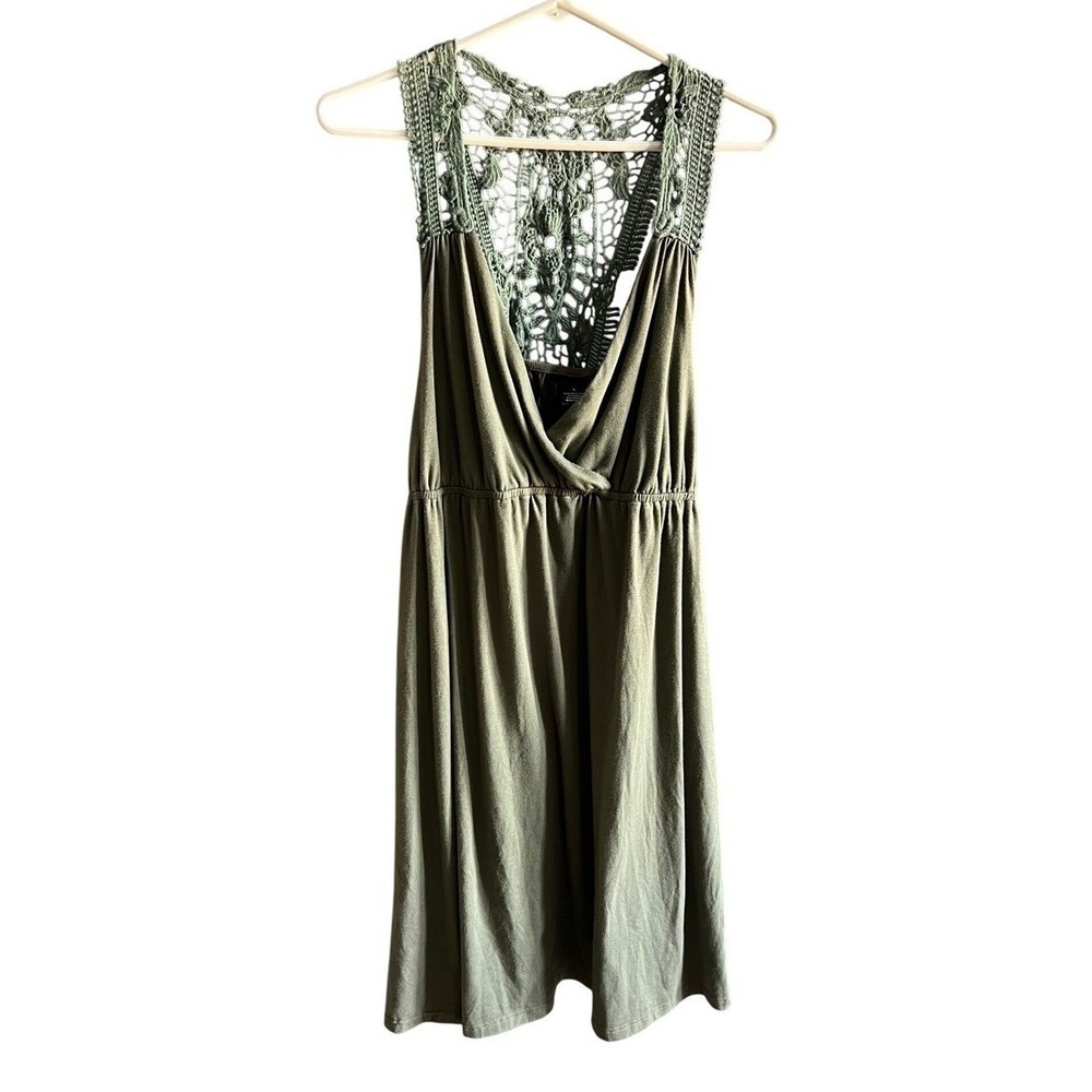 New Directions Womens Large Olive Green Crochet Lace Back Surplice Mini Dress